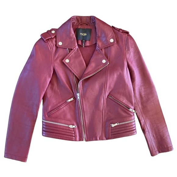 Maje Lamb Leather Bordeaux Basilta Moto Jacket NWOT in Burgundy - Picture 13 of 15